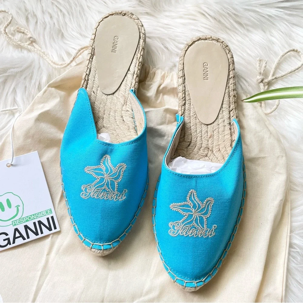 GANNI Embroidered Canvas Espadrille Slippers Turquoise Women’s Size 9 EU 39 NIB
